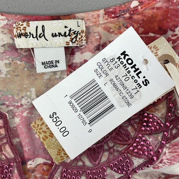 World Unity Romantic Stone Dress NWT Short Sleeve Notch Midi Pink Size Large L - Picture 12 of 17